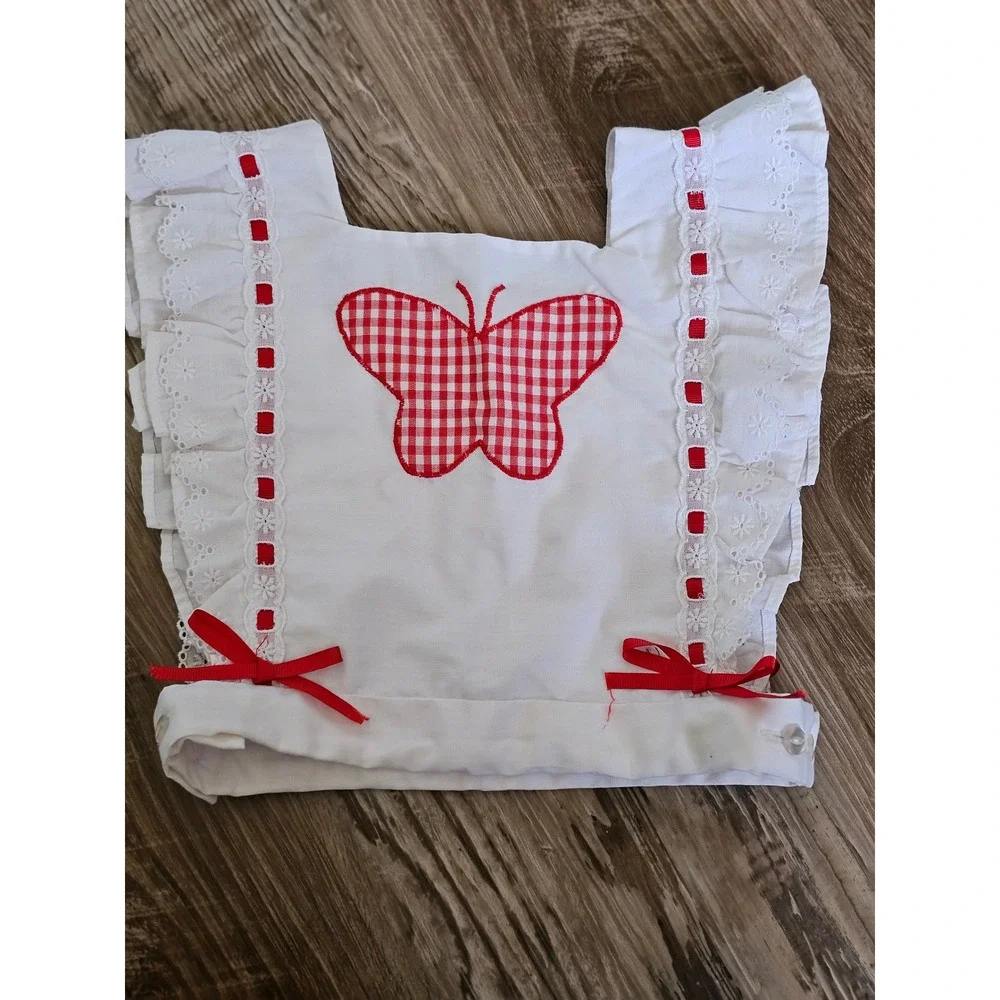 Vintage‎ Girls White Eyelet Lace Butterfly Pinafore Bib Top Red Gingham Bows